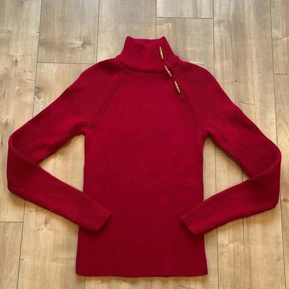 Lauren Ralph Lauren Red Turtleneck Sweater Gold Embellished Buttons Sz S